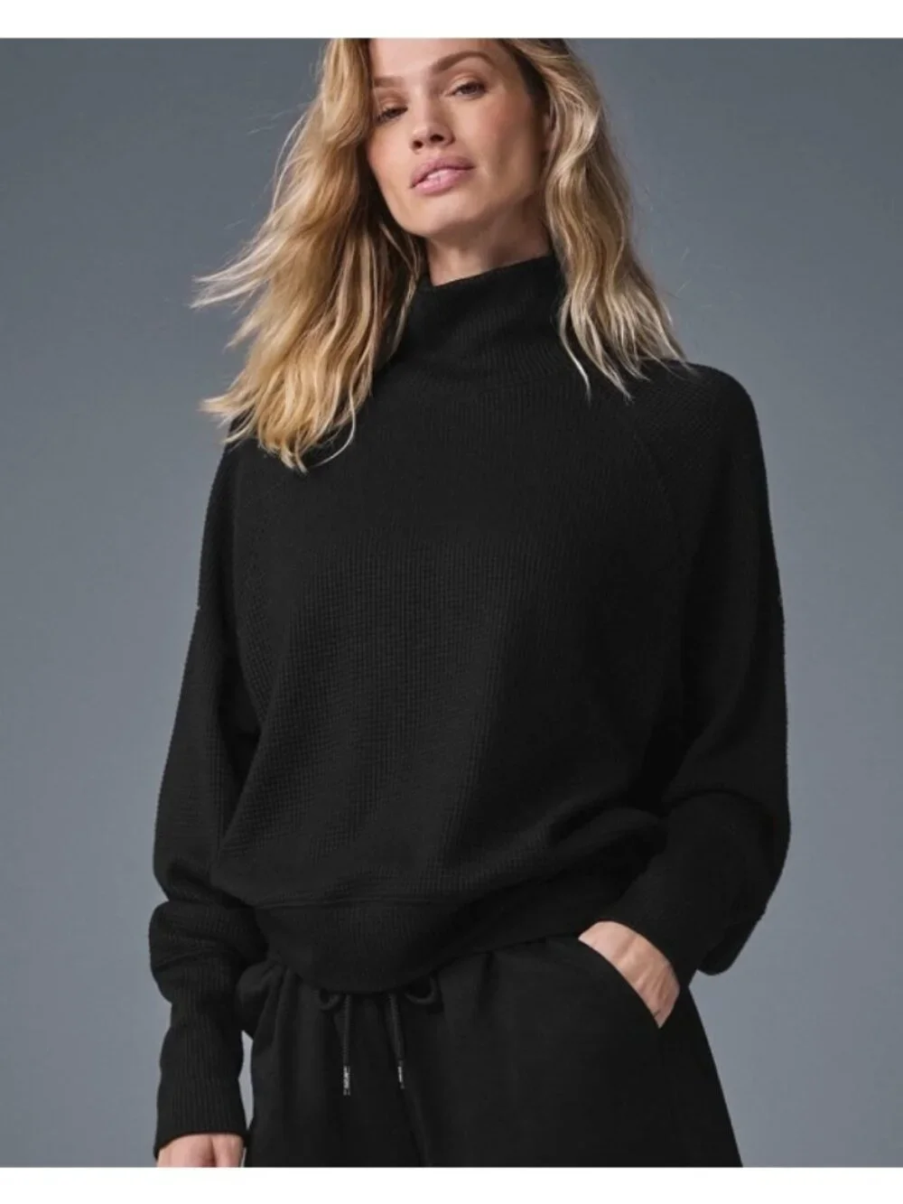 Alo Waffle Weekend Escape Mock Neck Long Sleeve Black Turtleneck Thermal Sweater